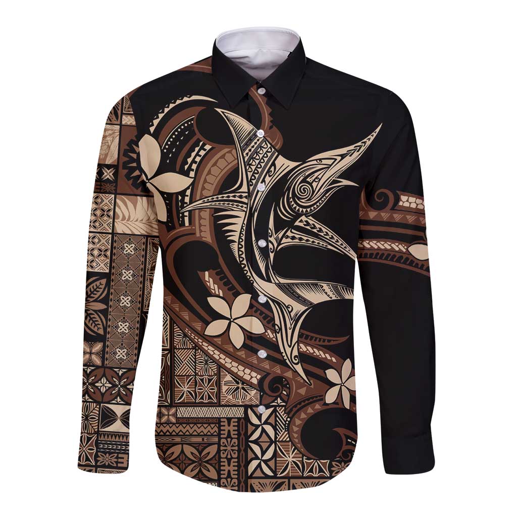 Samoa Manuia le Aso Tuto'atasi Long Sleeve Button Shirt Siapo Mamanu Mix Tatau Marlin LT7 Unisex Black - Polynesian Pride