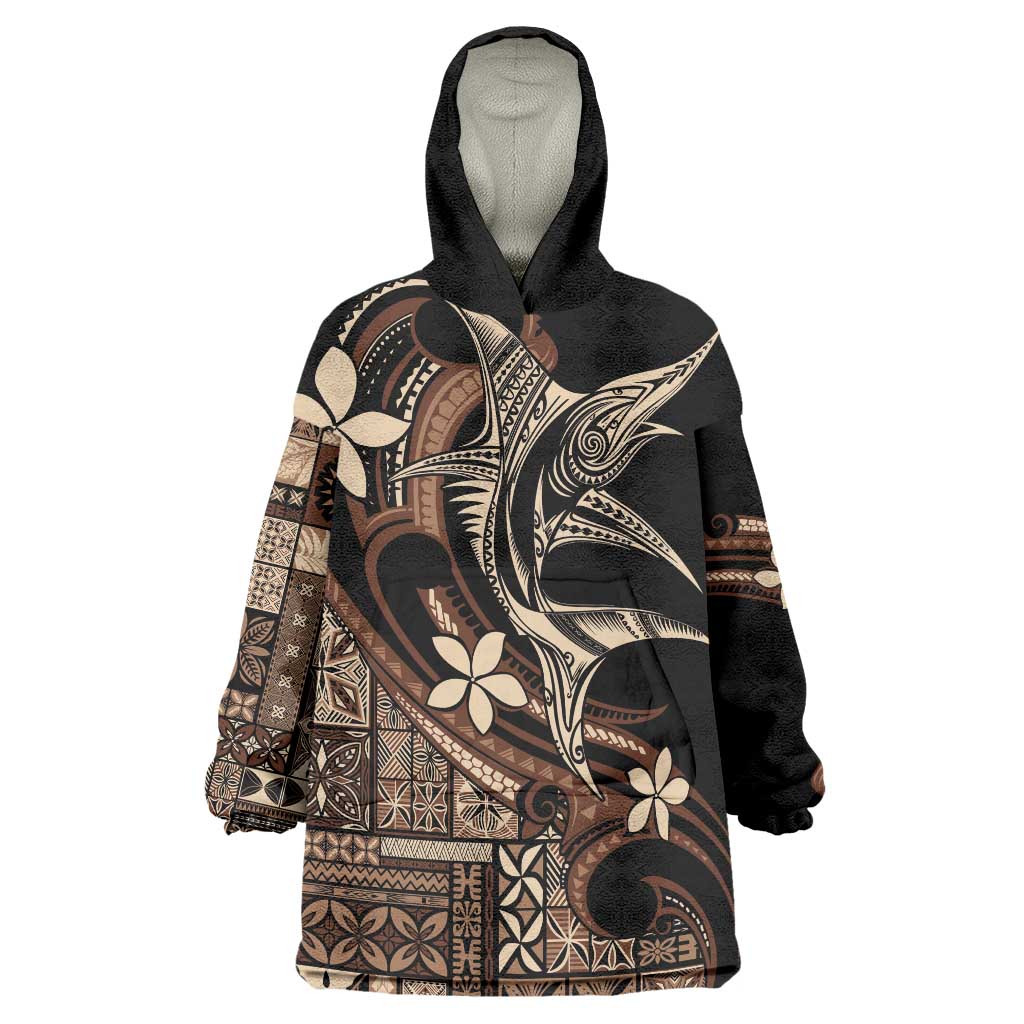 Samoa Manuia le Aso Tuto'atasi Wearable Blanket Hoodie Siapo Mamanu Mix Tatau Marlin LT7 One Size Black - Polynesian Pride