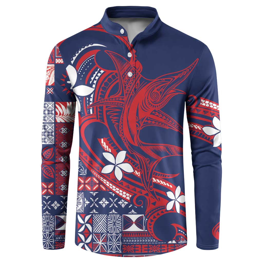 Samoa Manuia le Aso Tuto'atasi Button Sweatshirt Siapo Mamanu Mix Tatau Marlin - Flag Color LT7 Blue - Polynesian Pride