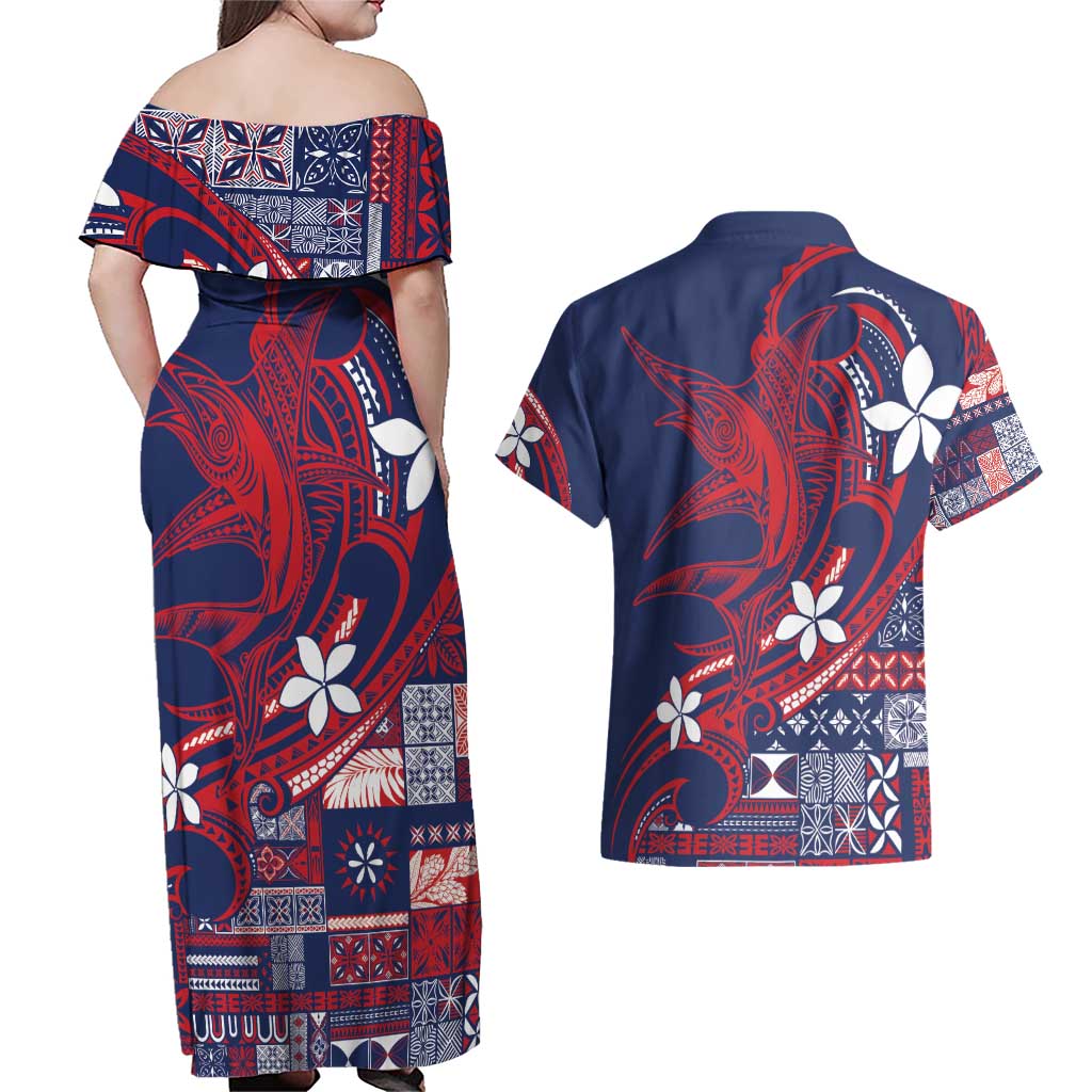 Samoa Manuia le Aso Tuto'atasi Couples Matching Off Shoulder Maxi Dress and Hawaiian Shirt Siapo Mamanu Mix Tatau Marlin - Flag Color