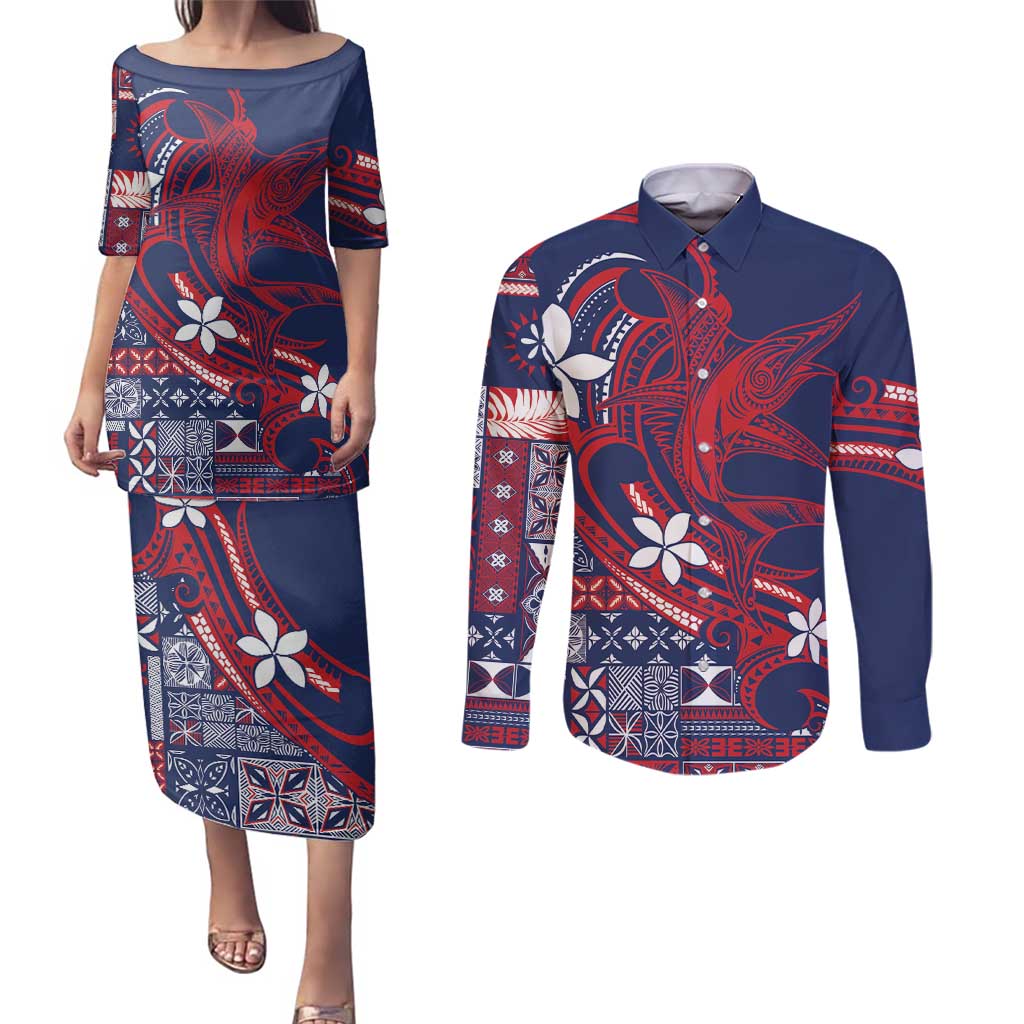 Samoa Manuia le Aso Tuto'atasi Couples Matching Puletasi and Long Sleeve Button Shirt Siapo Mamanu Mix Tatau Marlin - Flag Color