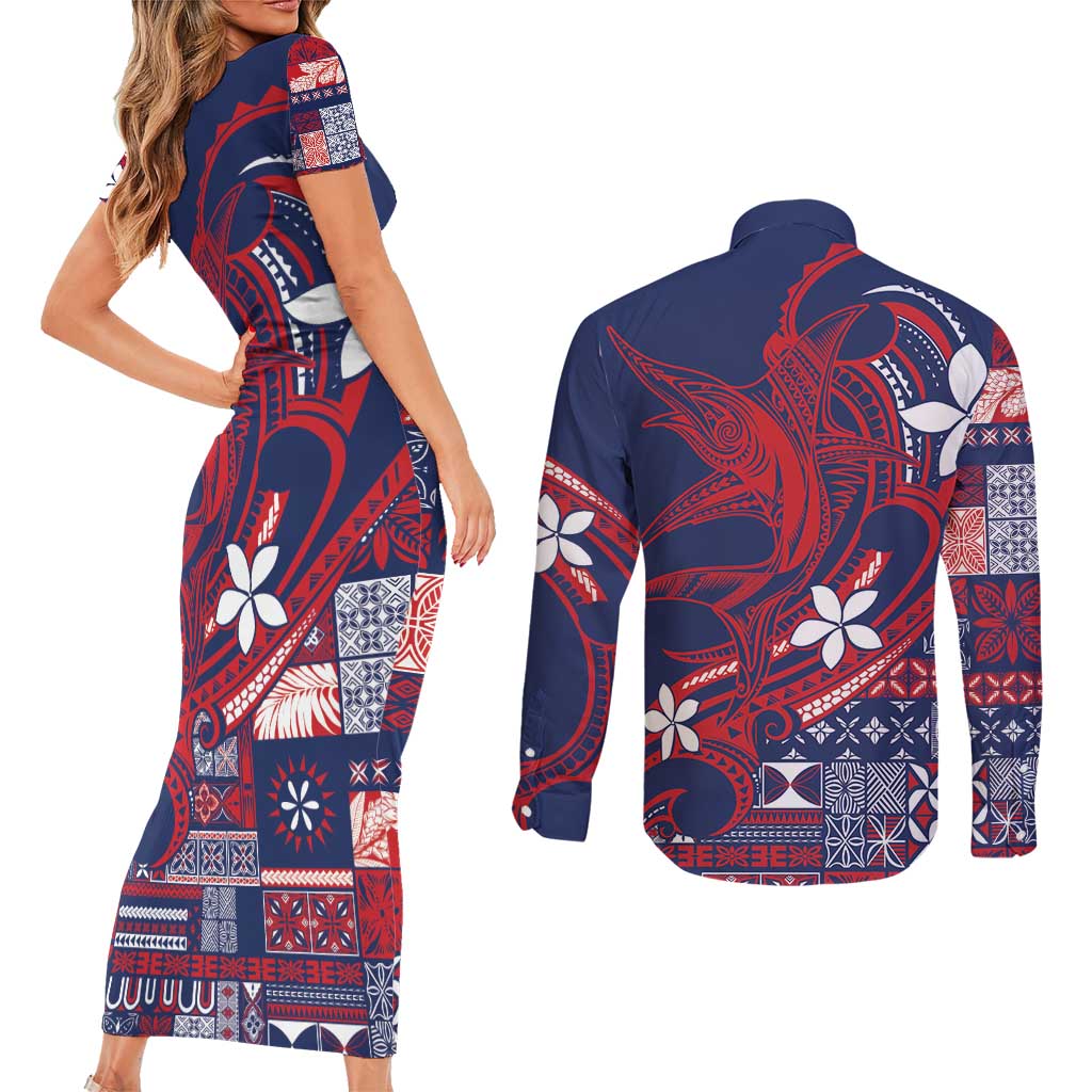 Samoa Manuia le Aso Tuto'atasi Couples Matching Short Sleeve Bodycon Dress and Long Sleeve Button Shirt Siapo Mamanu Mix Tatau Marlin - Flag Color