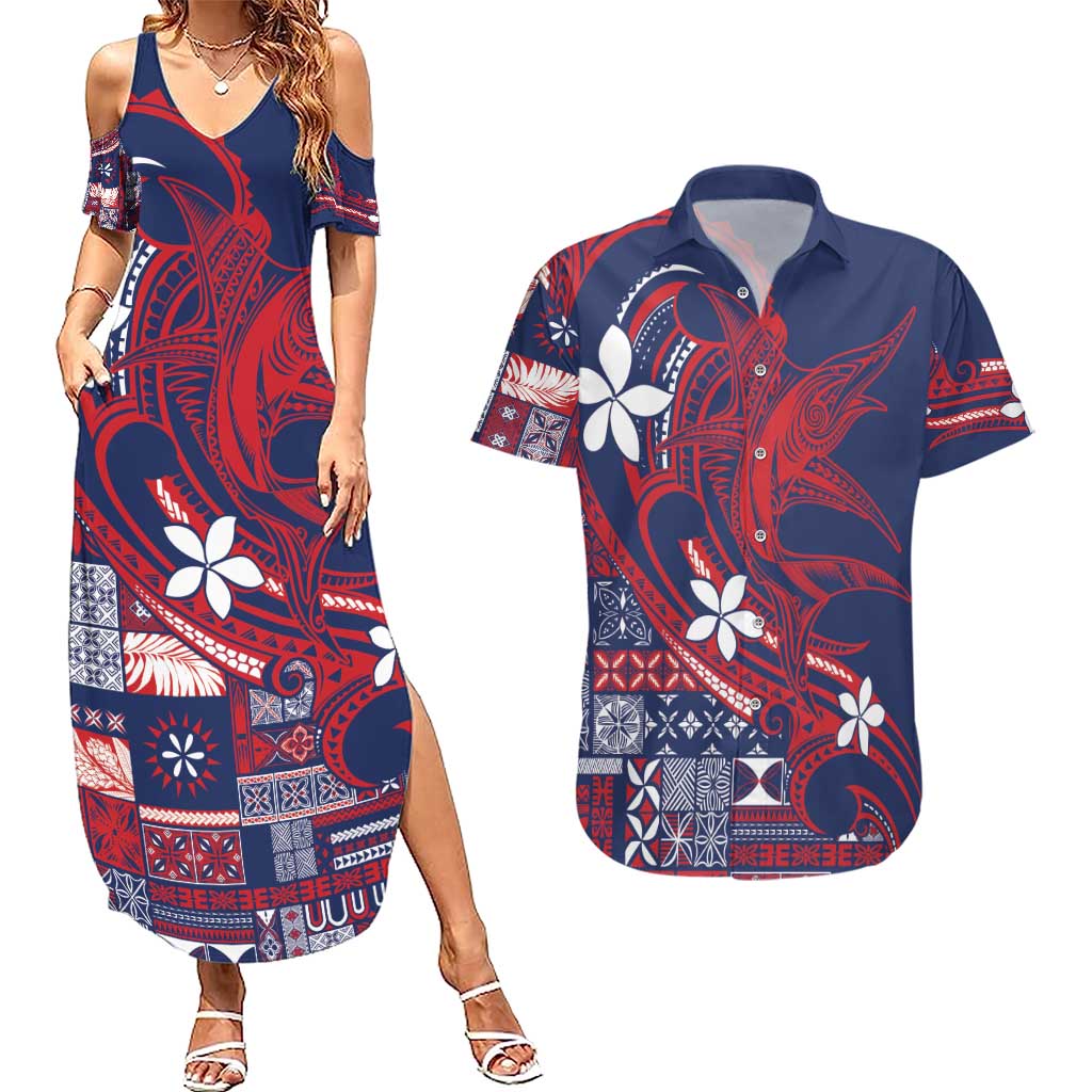 Samoa Manuia le Aso Tuto'atasi Couples Matching Summer Maxi Dress and Hawaiian Shirt Siapo Mamanu Mix Tatau Marlin - Flag Color LT7 Blue - Polynesian Pride