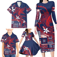 Samoa Manuia le Aso Tuto'atasi Family Matching Long Sleeve Bodycon Dress and Hawaiian Shirt Siapo Mamanu Mix Tatau Marlin - Flag Color