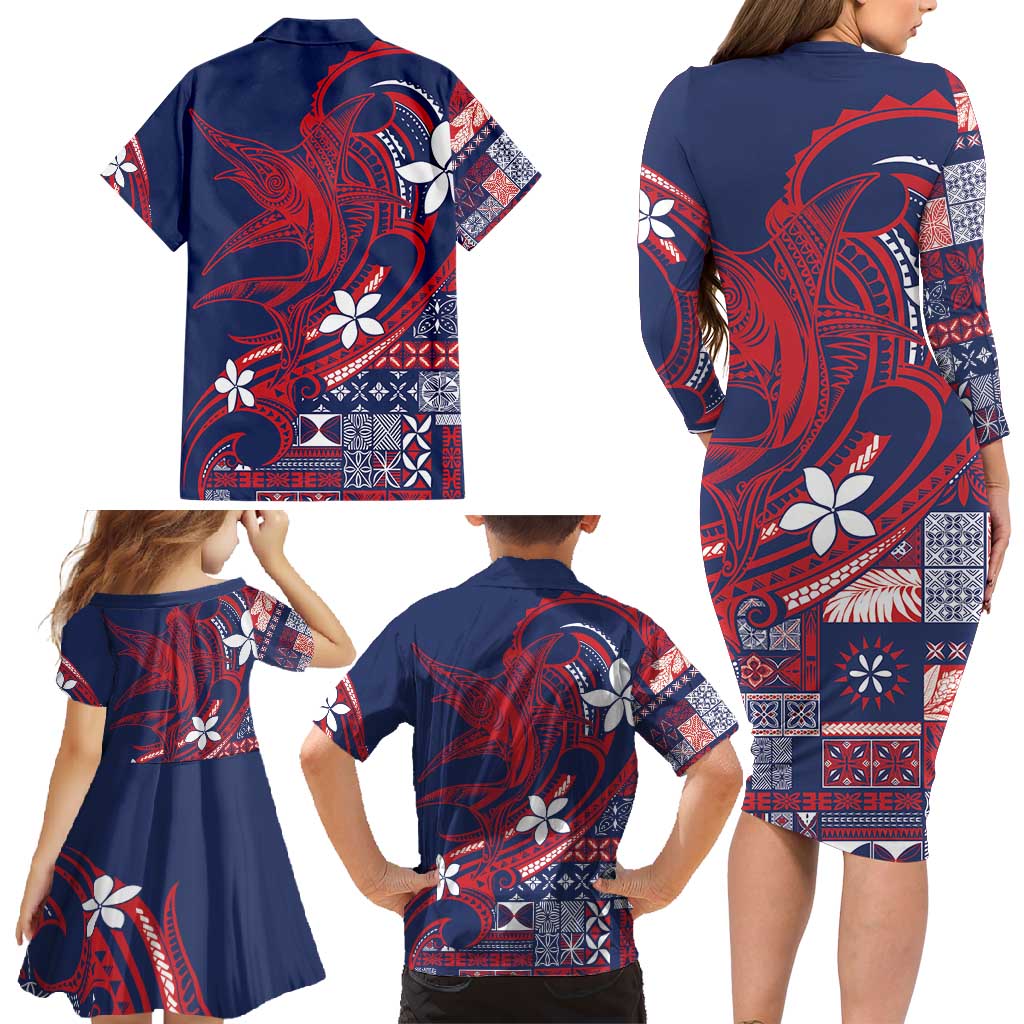 Samoa Manuia le Aso Tuto'atasi Family Matching Long Sleeve Bodycon Dress and Hawaiian Shirt Siapo Mamanu Mix Tatau Marlin - Flag Color