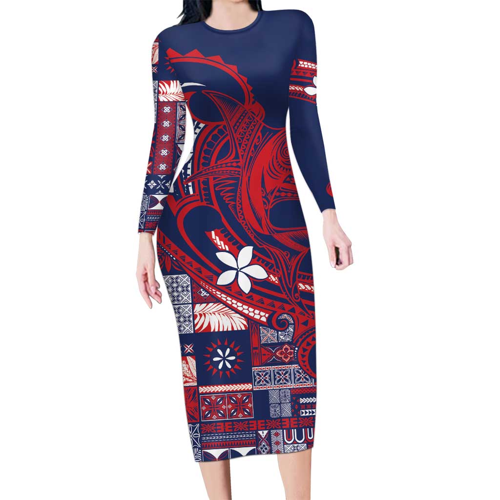 Samoa Manuia le Aso Tuto'atasi Family Matching Long Sleeve Bodycon Dress and Hawaiian Shirt Siapo Mamanu Mix Tatau Marlin - Flag Color