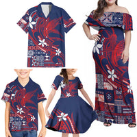 Samoa Manuia le Aso Tuto'atasi Family Matching Off Shoulder Maxi Dress and Hawaiian Shirt Siapo Mamanu Mix Tatau Marlin - Flag Color