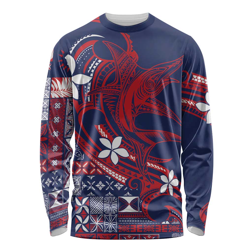 Samoa Manuia le Aso Tuto'atasi Long Sleeve Shirt Siapo Mamanu Mix Tatau Marlin - Flag Color LT7 Unisex Blue - Polynesian Pride