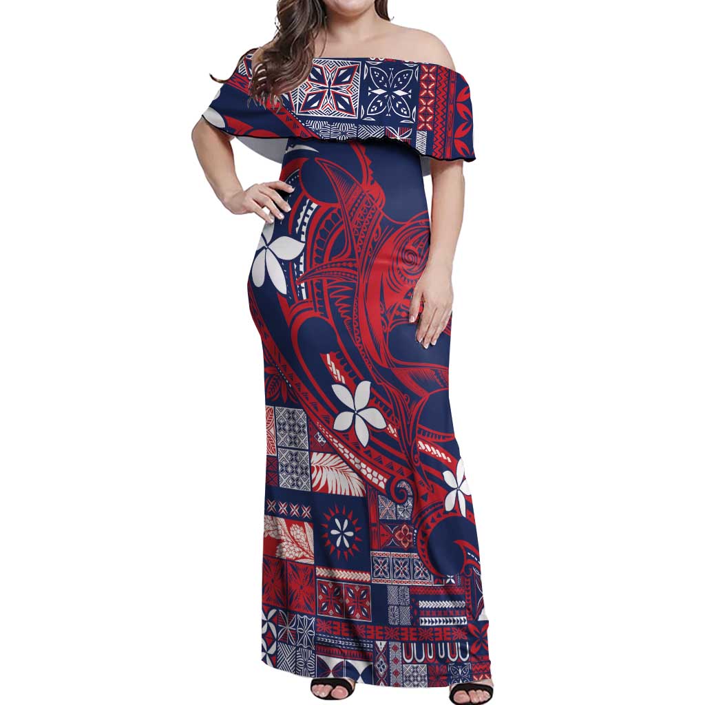 Samoa Manuia le Aso Tuto'atasi Off Shoulder Maxi Dress Siapo Mamanu Mix Tatau Marlin - Flag Color