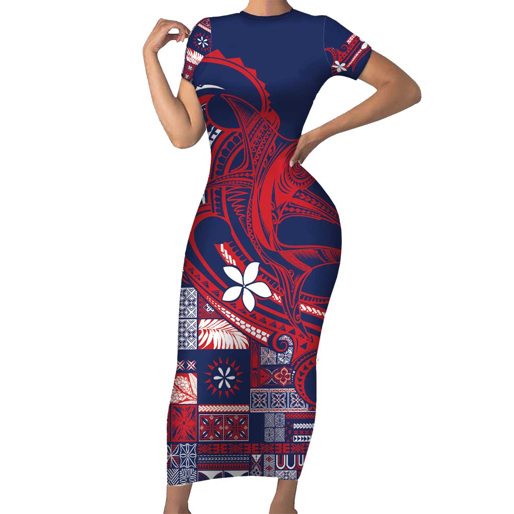 Samoa Manuia le Aso Tuto'atasi Short Sleeve Bodycon Dress Siapo Mamanu Mix Tatau Marlin - Flag Color