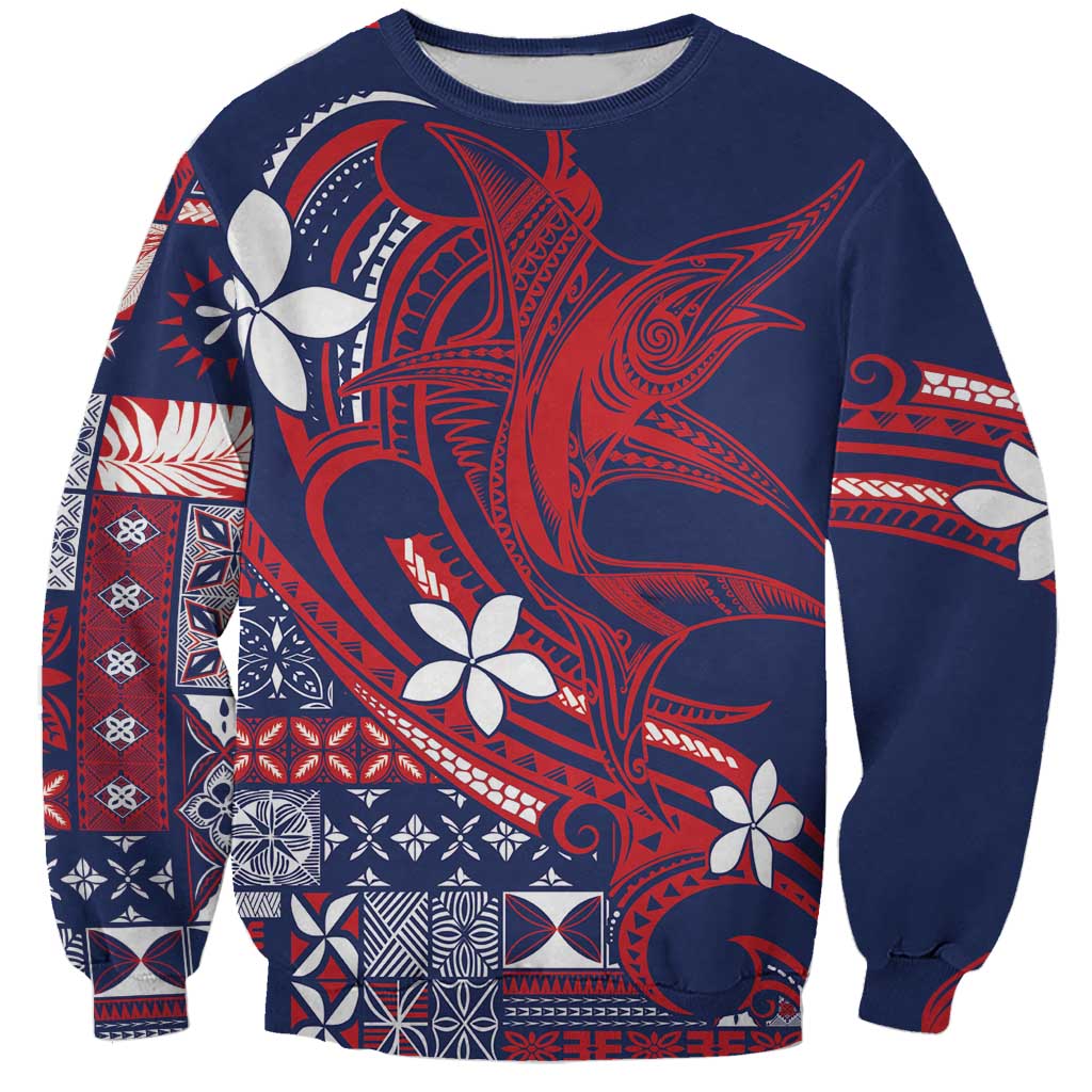 Samoa Manuia le Aso Tuto'atasi Sweatshirt Siapo Mamanu Mix Tatau Marlin - Flag Color LT7 Unisex Blue - Polynesian Pride