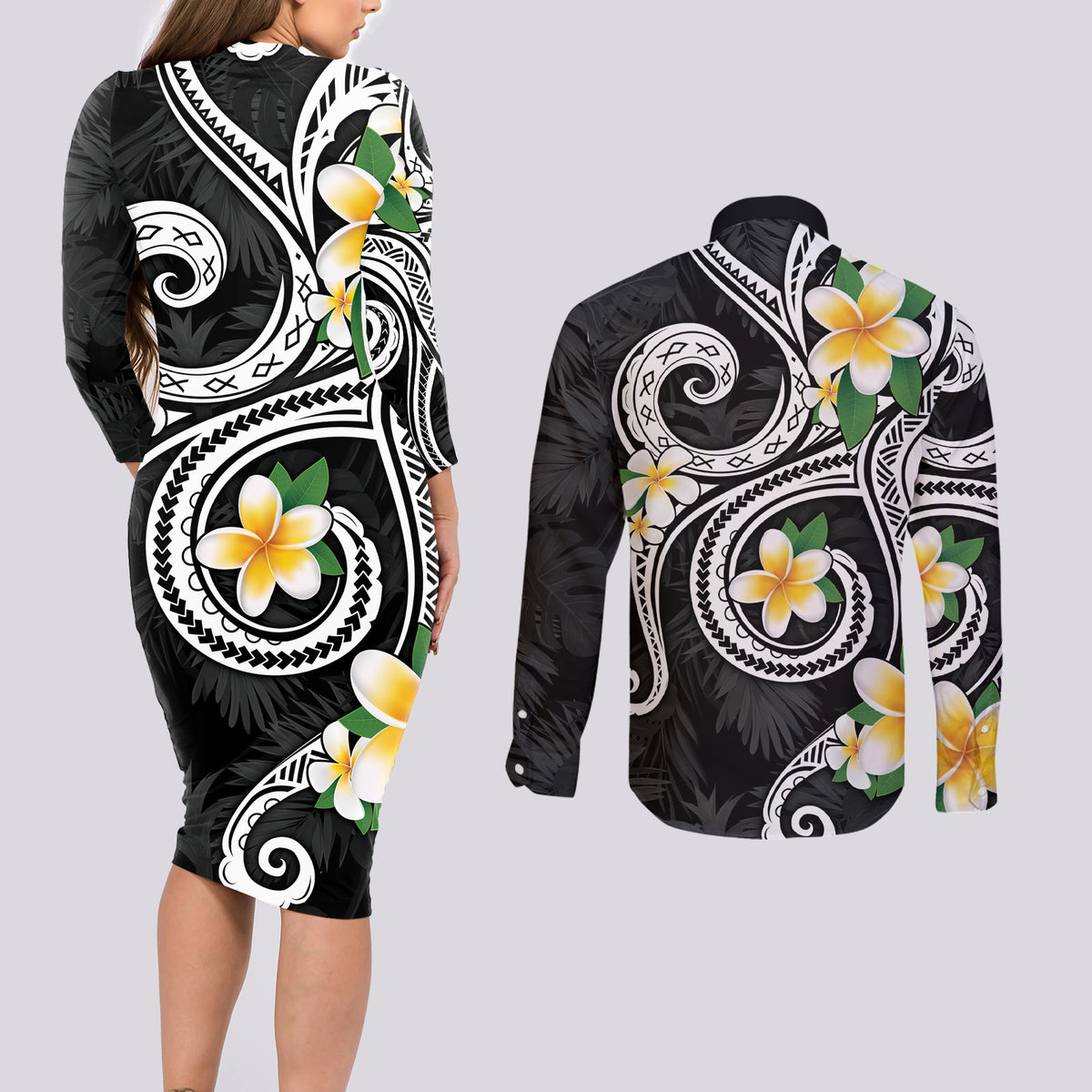 Kanaka Maoli Hawaii Plumeria Couples Matching Long Sleeve Bodycon Dress and Long Sleeve Button Shirt Dancing Tentacles Black Style