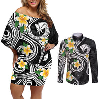 Kanaka Maoli Hawaii Plumeria Couples Matching Off Shoulder Short Dress and Long Sleeve Button Shirt Dancing Tentacles Black Style