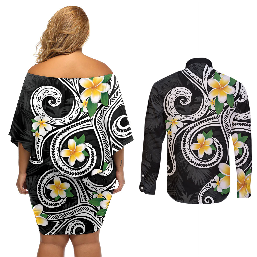 Kanaka Maoli Hawaii Plumeria Couples Matching Off Shoulder Short Dress and Long Sleeve Button Shirt Dancing Tentacles Black Style