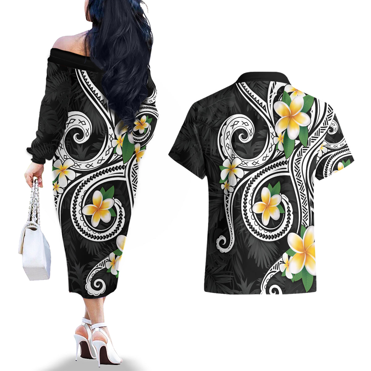 Kanaka Maoli Hawaii Plumeria Couples Matching Off The Shoulder Long Sleeve Dress and Hawaiian Shirt Dancing Tentacles Black Style