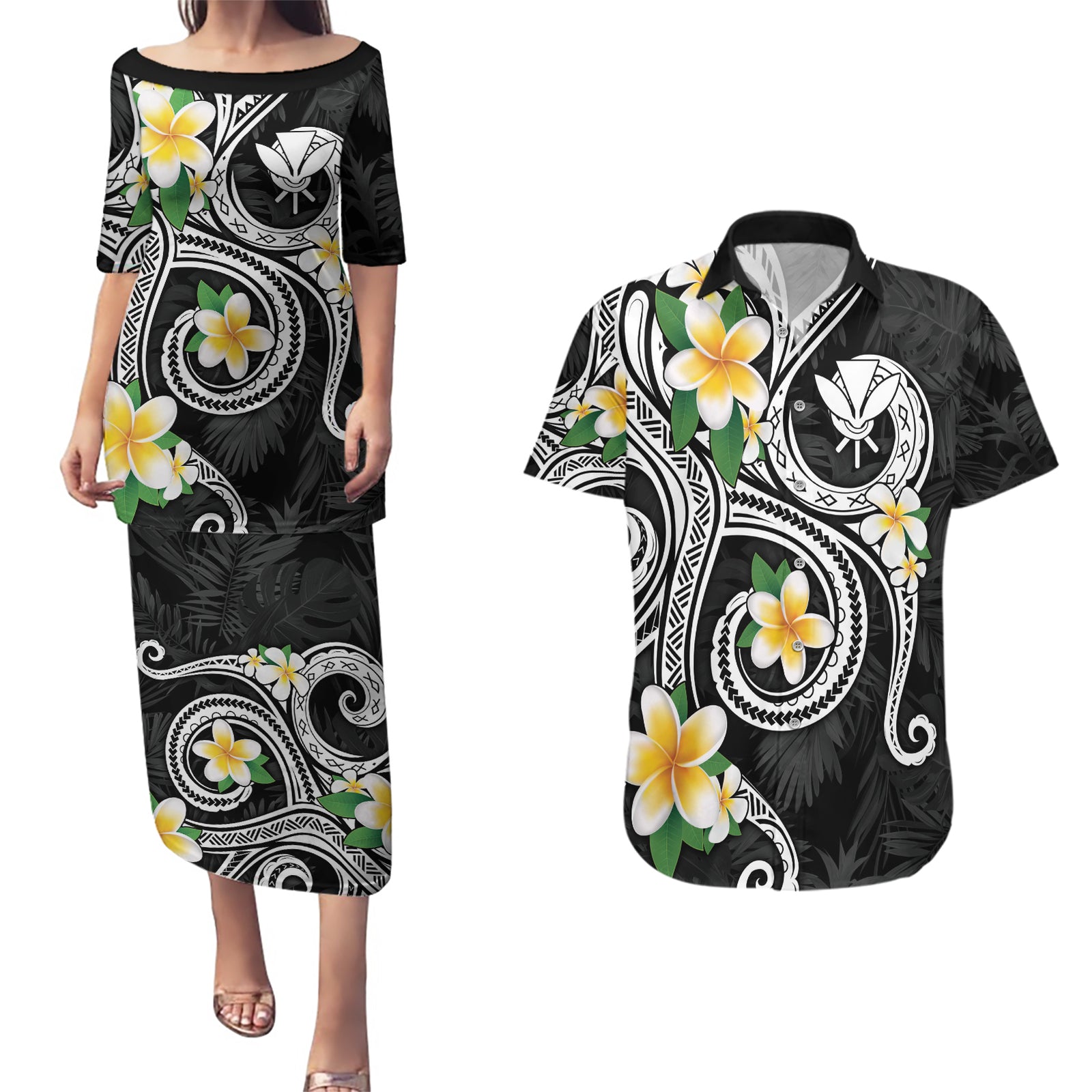 Kanaka Maoli Hawaii Plumeria Couples Matching Puletasi and Hawaiian Shirt Dancing Tentacles Black Style