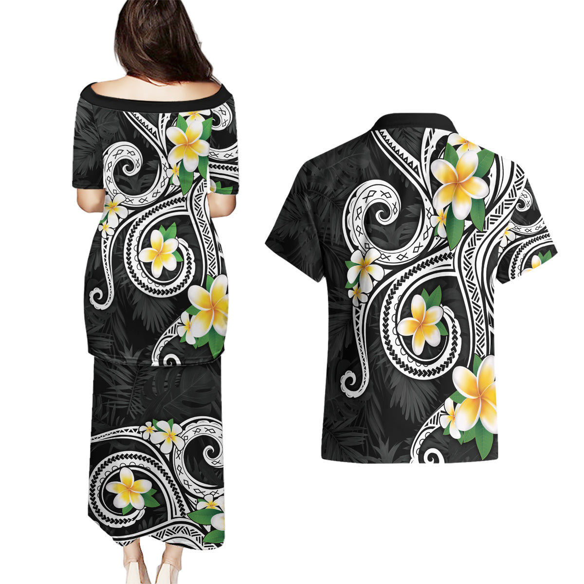 Kanaka Maoli Hawaii Plumeria Couples Matching Puletasi and Hawaiian Shirt Dancing Tentacles Black Style