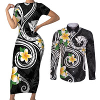 Kanaka Maoli Hawaii Plumeria Couples Matching Short Sleeve Bodycon Dress and Long Sleeve Button Shirt Dancing Tentacles Black Style