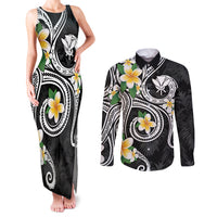 Kanaka Maoli Hawaii Plumeria Couples Matching Tank Maxi Dress and Long Sleeve Button Shirt Dancing Tentacles Black Style