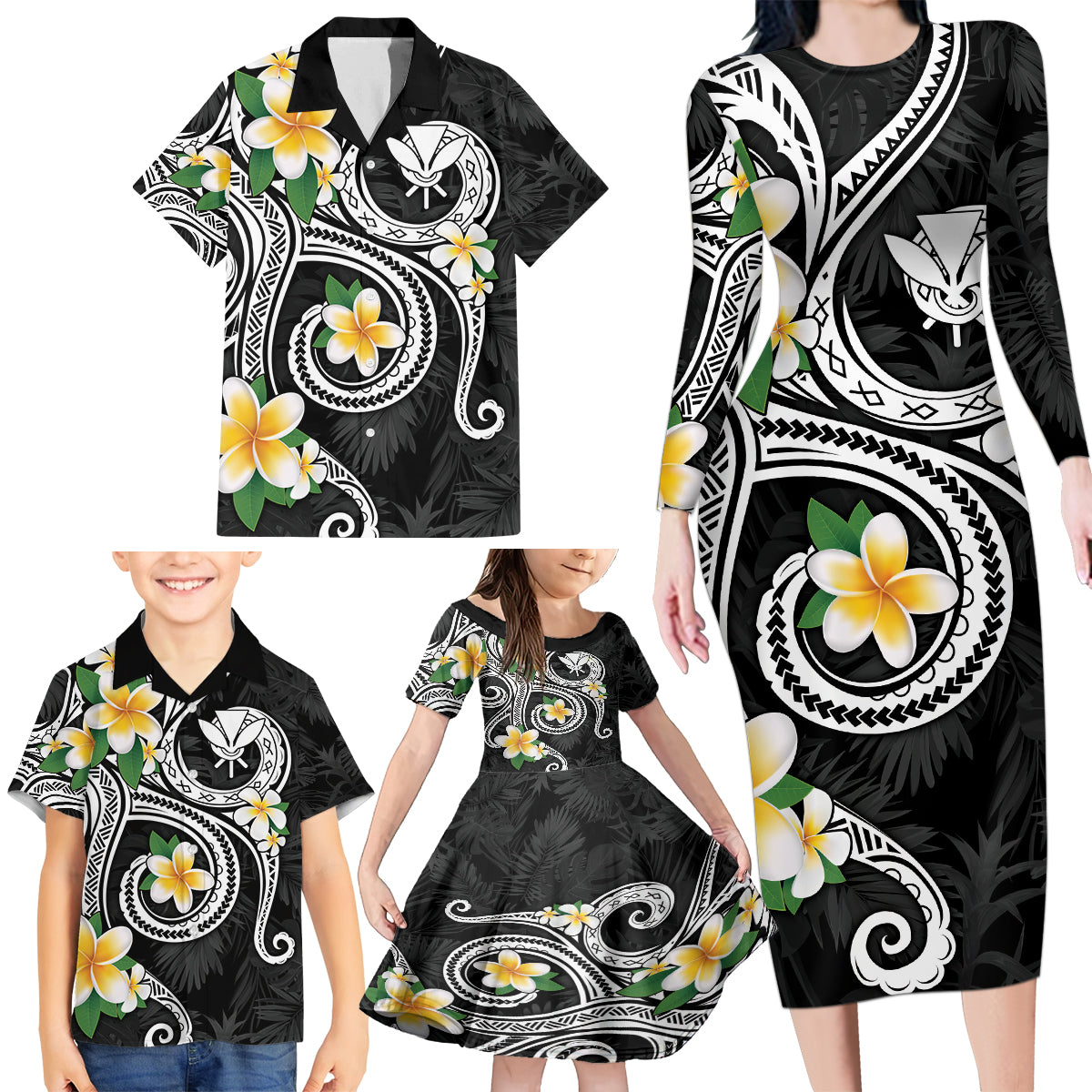 Kanaka Maoli Hawaii Plumeria Family Matching Long Sleeve Bodycon Dress and Hawaiian Shirt Dancing Tentacles Black Style