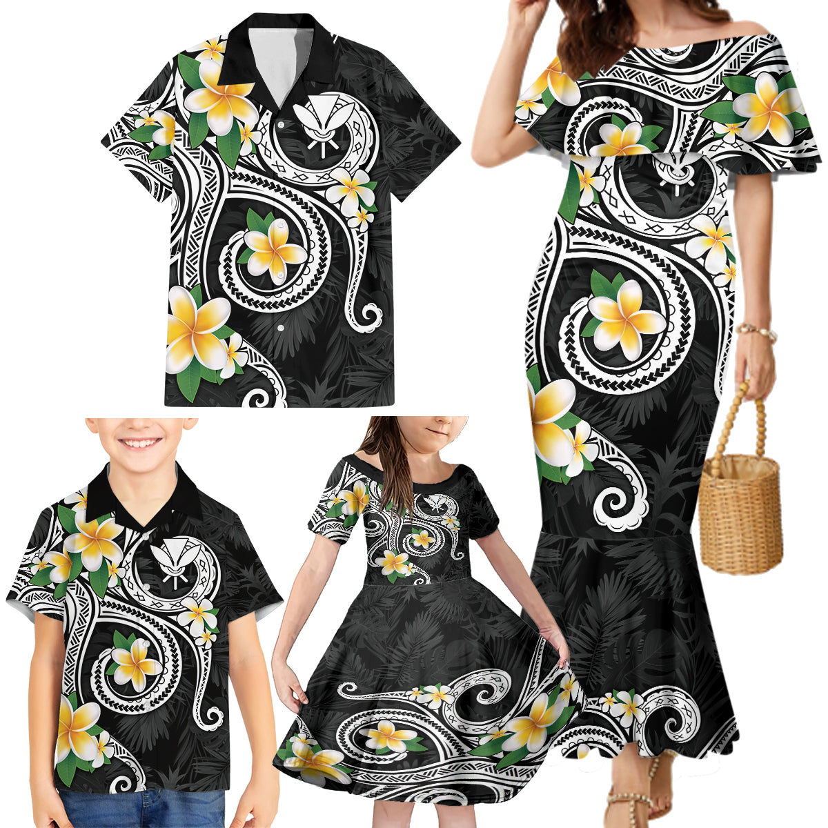Kanaka Maoli Hawaii Plumeria Family Matching Mermaid Dress and Hawaiian Shirt Dancing Tentacles Black Style