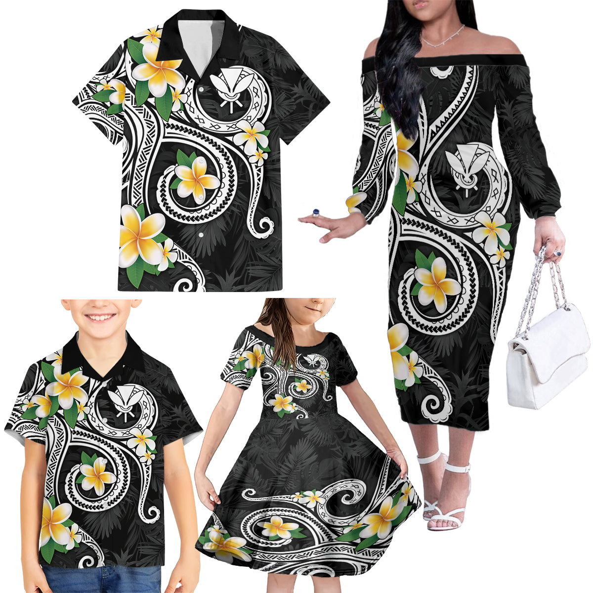 Kanaka Maoli Hawaii Plumeria Family Matching Off The Shoulder Long Sleeve Dress and Hawaiian Shirt Dancing Tentacles Black Style