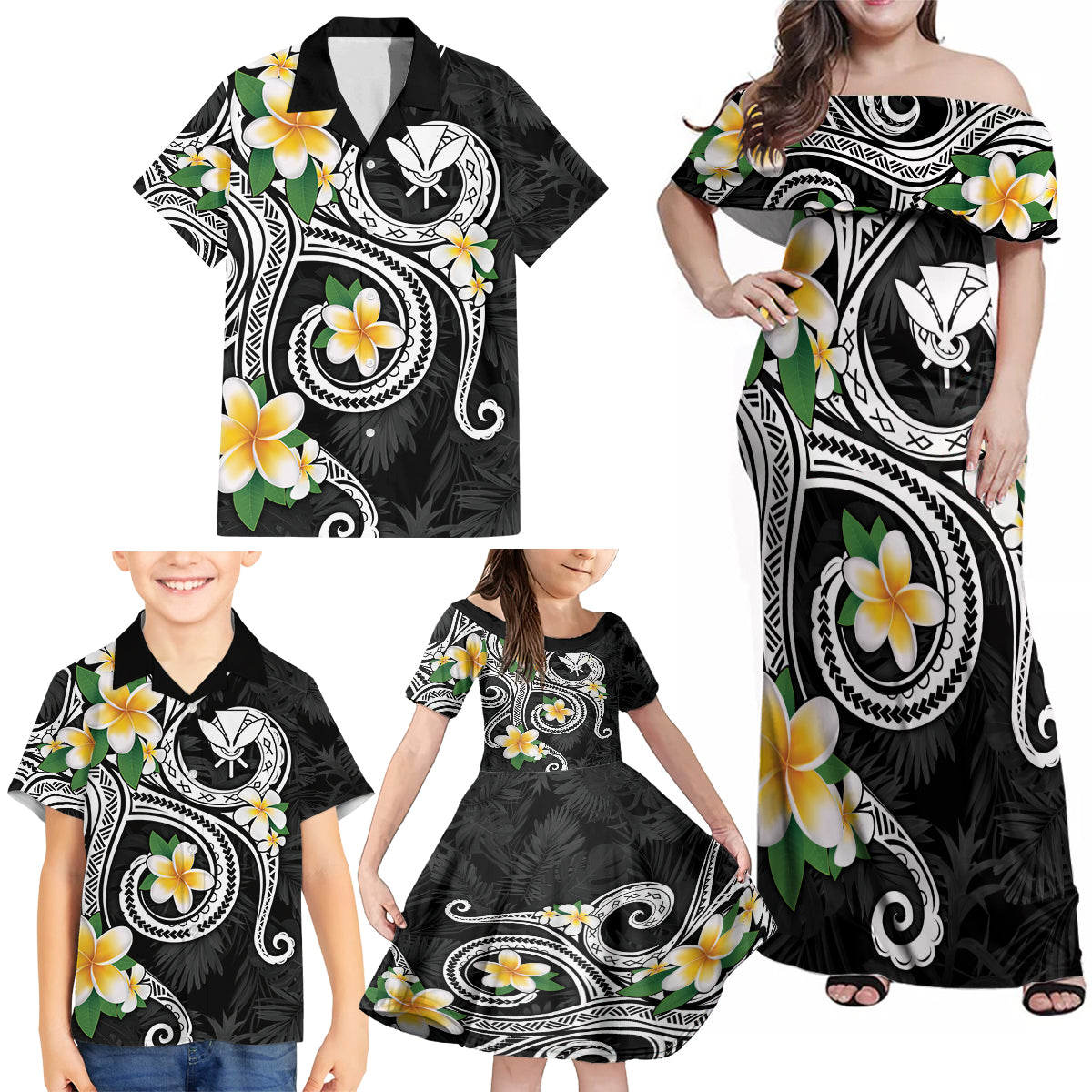 Kanaka Maoli Hawaii Plumeria Family Matching Off Shoulder Maxi Dress and Hawaiian Shirt Dancing Tentacles Black Style