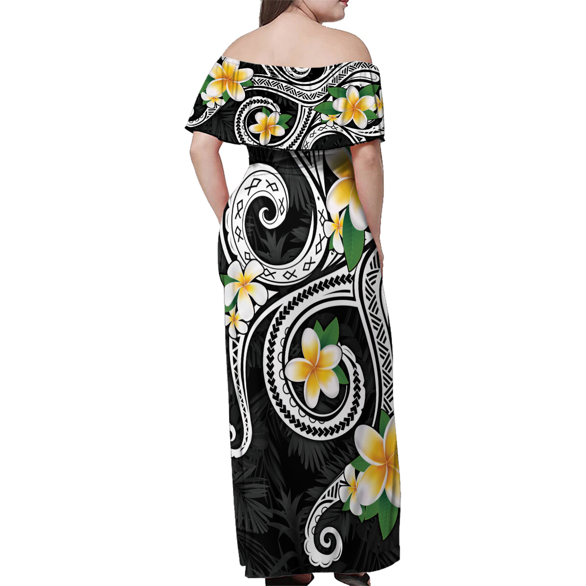 Kanaka Maoli Hawaii Plumeria Family Matching Off Shoulder Maxi Dress and Hawaiian Shirt Dancing Tentacles Black Style