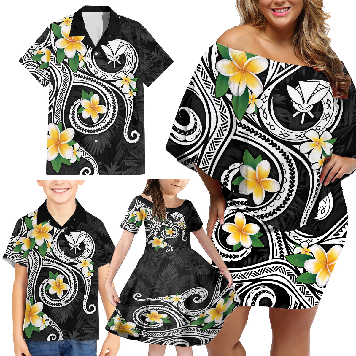 Kanaka Maoli Hawaii Plumeria Family Matching Off Shoulder Short Dress and Hawaiian Shirt Dancing Tentacles Black Style