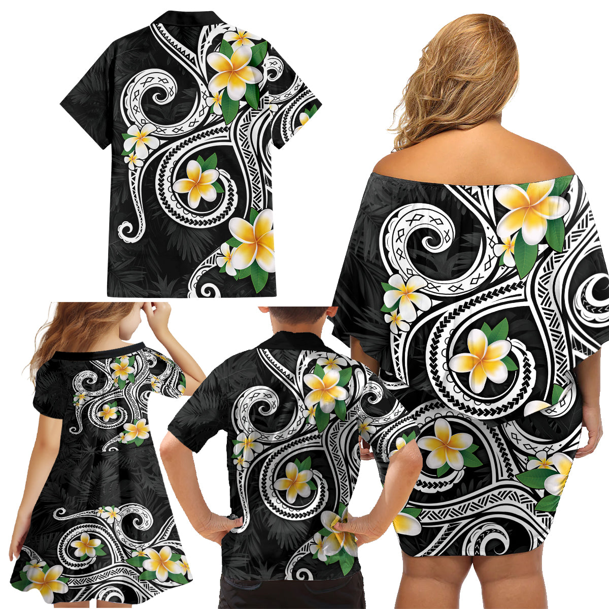 Kanaka Maoli Hawaii Plumeria Family Matching Off Shoulder Short Dress and Hawaiian Shirt Dancing Tentacles Black Style