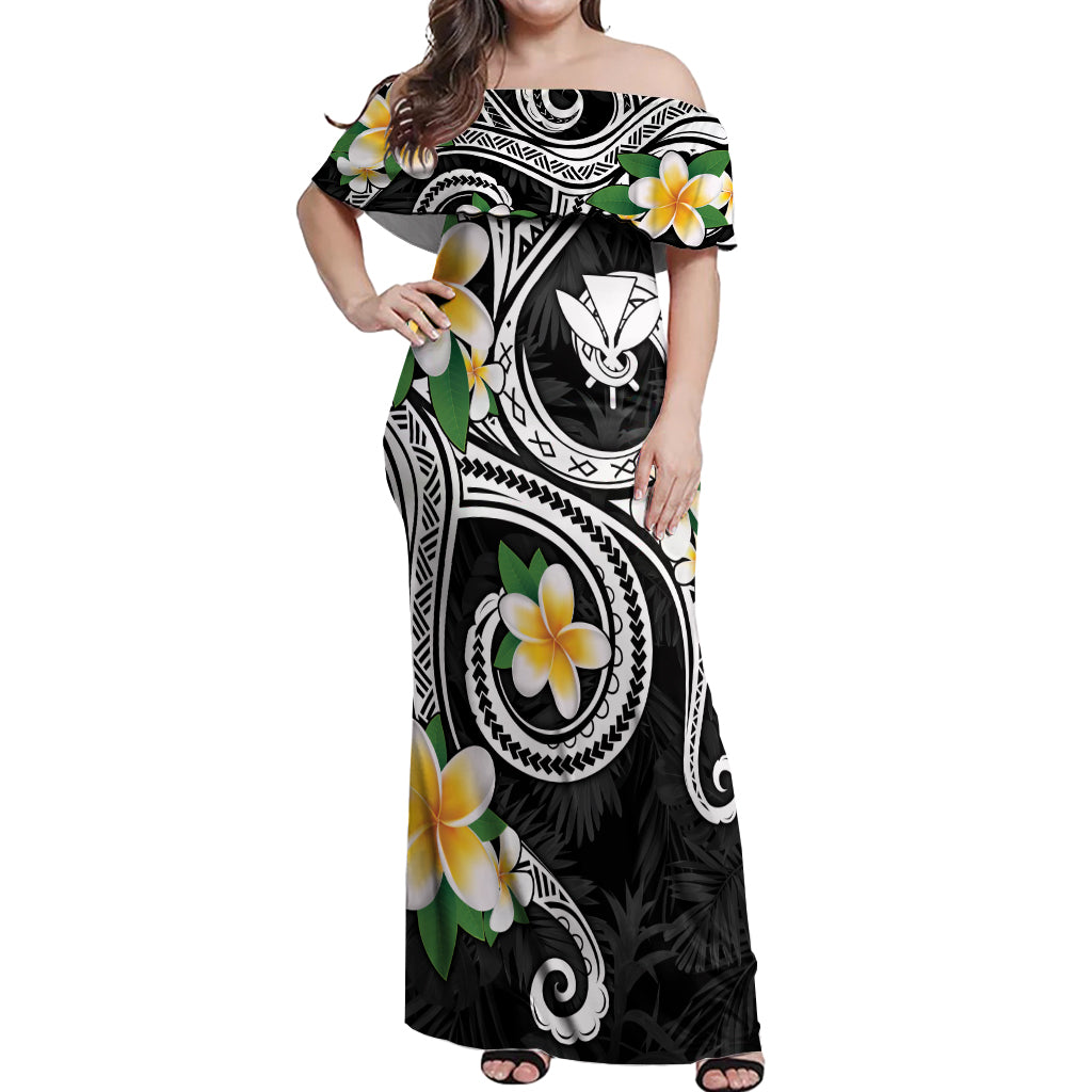 Kanaka Maoli Hawaii Plumeria Off Shoulder Maxi Dress Dancing Tentacles Black Style