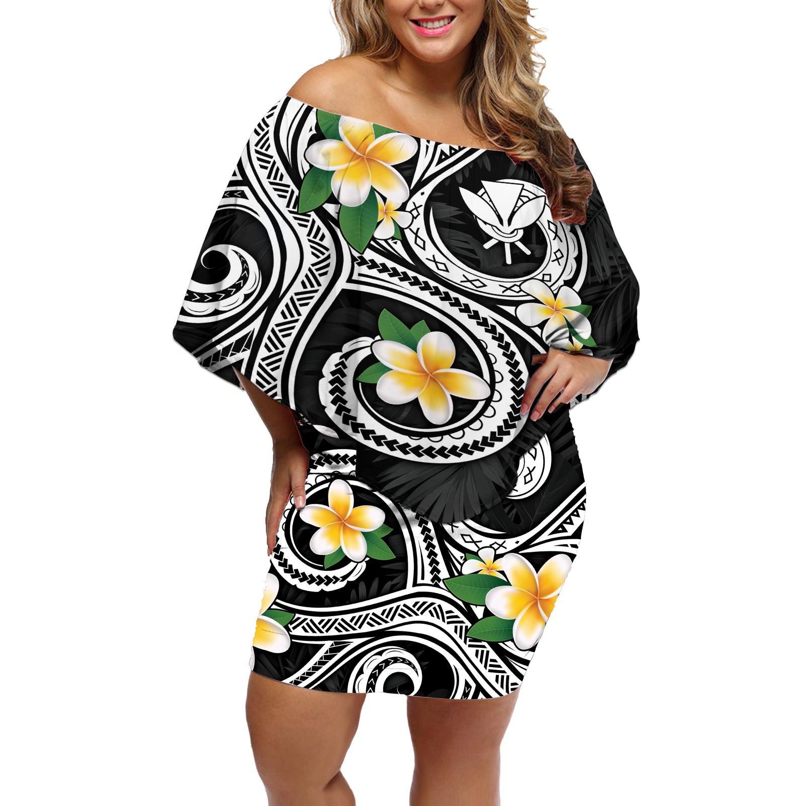 Kanaka Maoli Hawaii Plumeria Off Shoulder Short Dress Dancing Tentacles Black Style