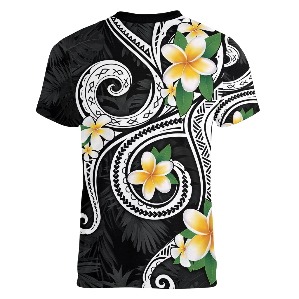 Kanaka Maoli Hawaii Plumeria Women V-Neck T-Shirt Dancing Tentacles Black Style