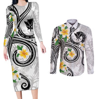 Kanaka Maoli Hawaii Plumeria Couples Matching Long Sleeve Bodycon Dress and Long Sleeve Button Shirt Dancing Tentacles White Style