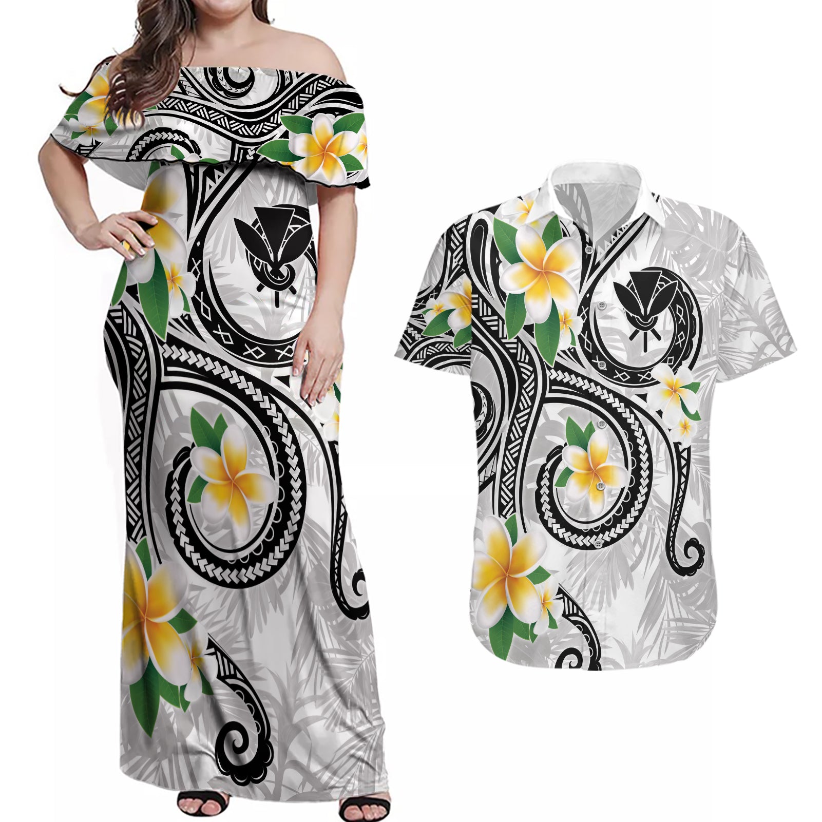 Kanaka Maoli Hawaii Plumeria Couples Matching Off Shoulder Maxi Dress and Hawaiian Shirt Dancing Tentacles White Style