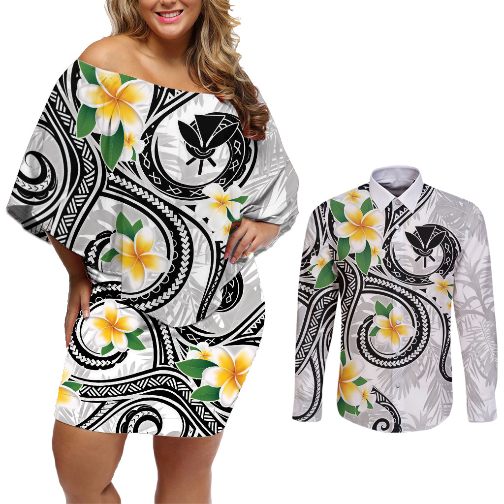 Kanaka Maoli Hawaii Plumeria Couples Matching Off Shoulder Short Dress and Long Sleeve Button Shirt Dancing Tentacles White Style