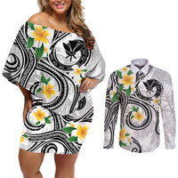 Kanaka Maoli Hawaii Plumeria Couples Matching Off Shoulder Short Dress and Long Sleeve Button Shirt Dancing Tentacles White Style