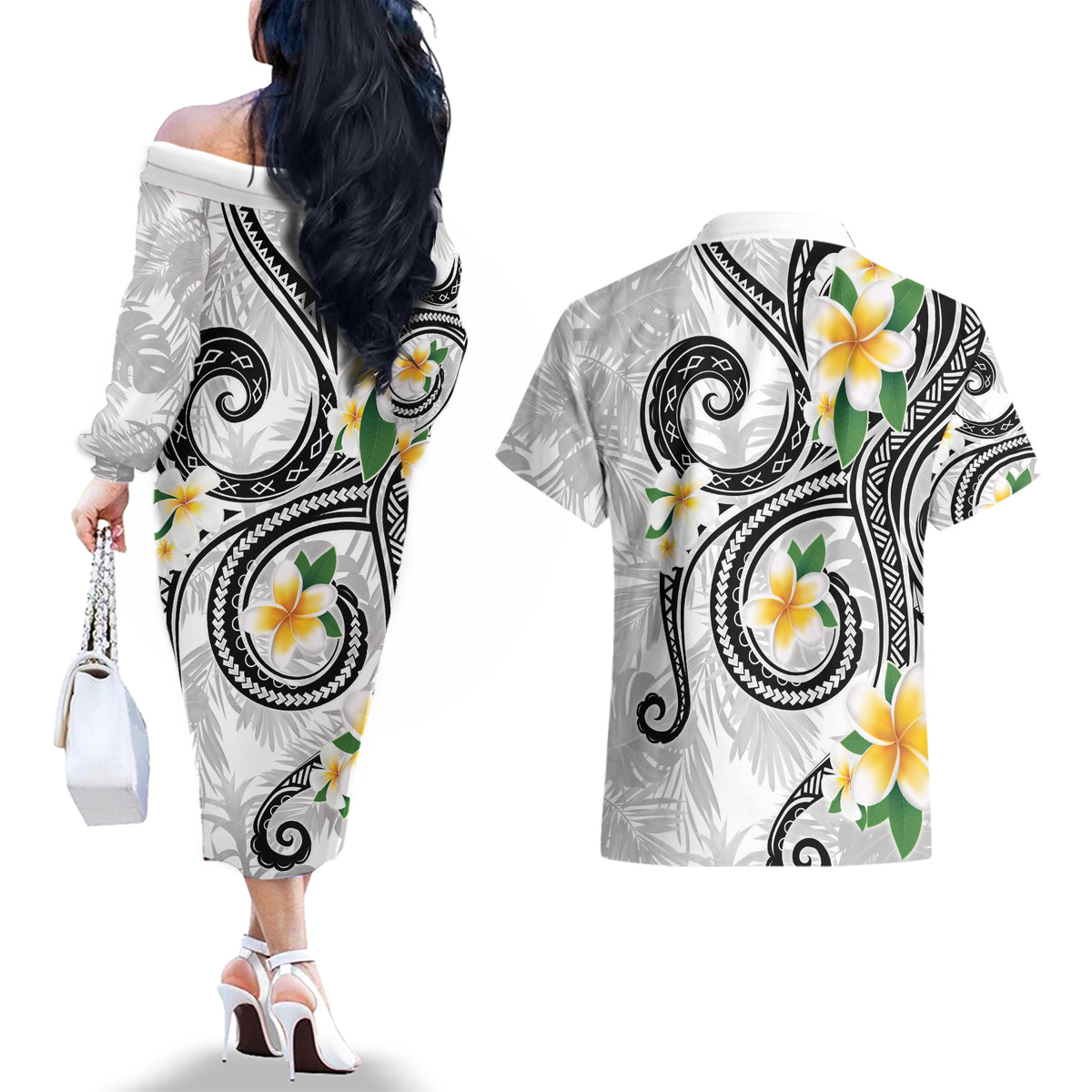 Kanaka Maoli Hawaii Plumeria Couples Matching Off The Shoulder Long Sleeve Dress and Hawaiian Shirt Dancing Tentacles White Style