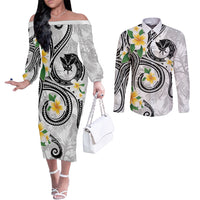 Kanaka Maoli Hawaii Plumeria Couples Matching Off The Shoulder Long Sleeve Dress and Long Sleeve Button Shirt Dancing Tentacles White Style