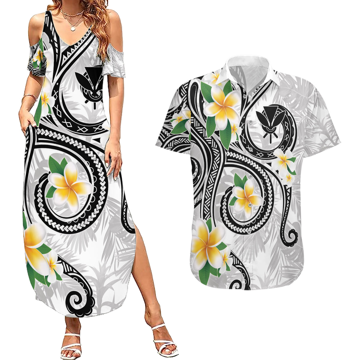 Kanaka Maoli Hawaii Plumeria Couples Matching Summer Maxi Dress and Hawaiian Shirt Dancing Tentacles White Style