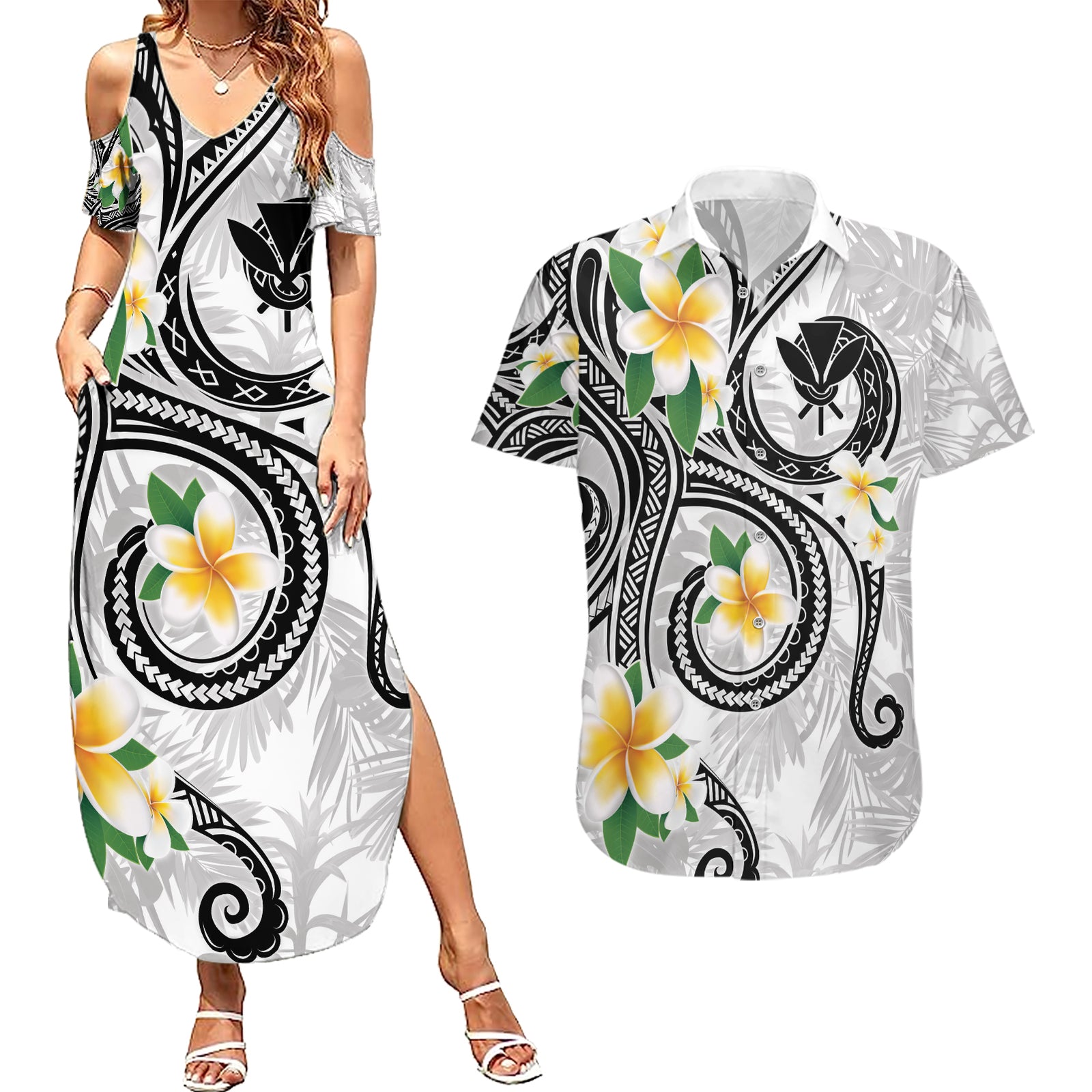 Kanaka Maoli Hawaii Plumeria Couples Matching Summer Maxi Dress and Hawaiian Shirt Dancing Tentacles White Style