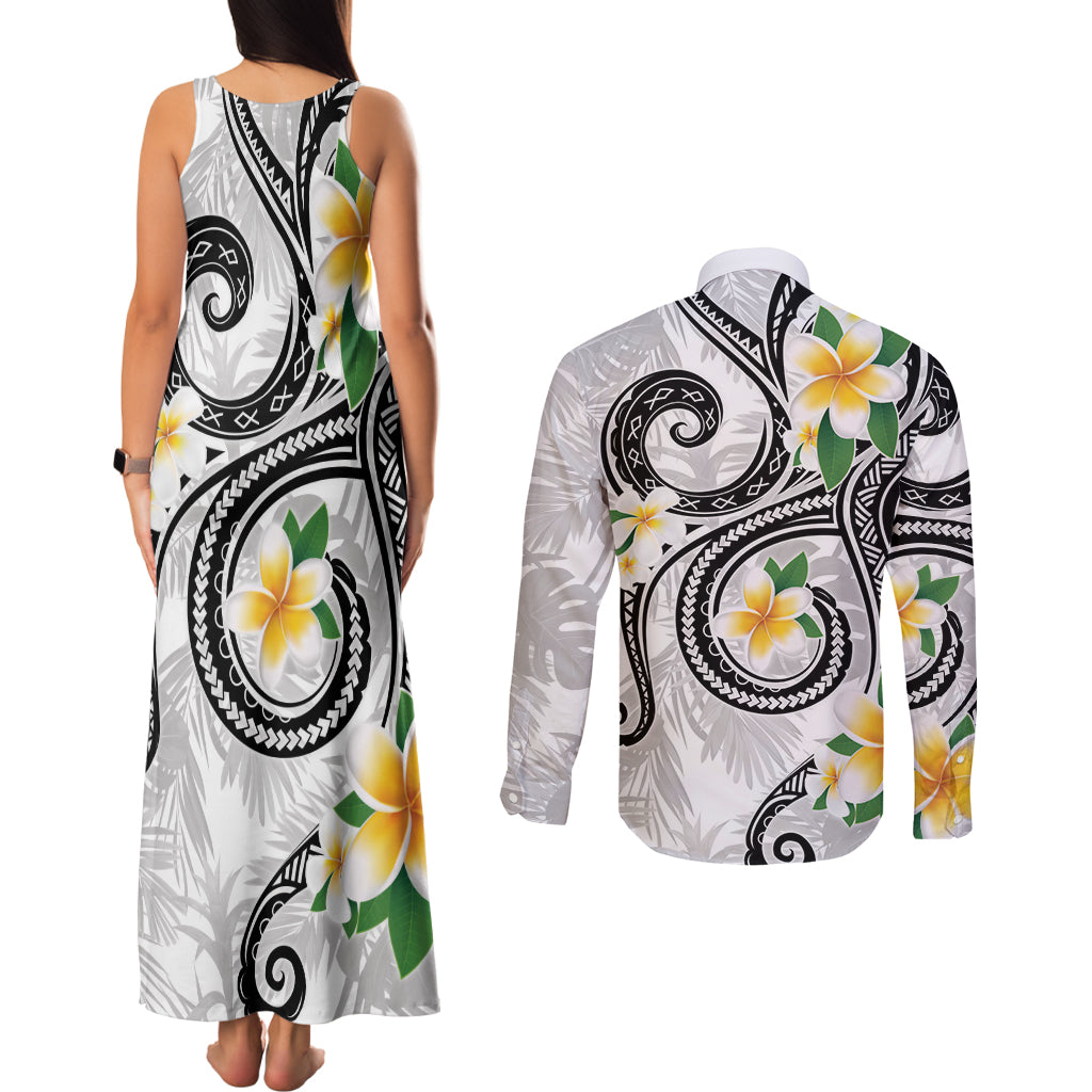 Kanaka Maoli Hawaii Plumeria Couples Matching Tank Maxi Dress and Long Sleeve Button Shirt Dancing Tentacles White Style
