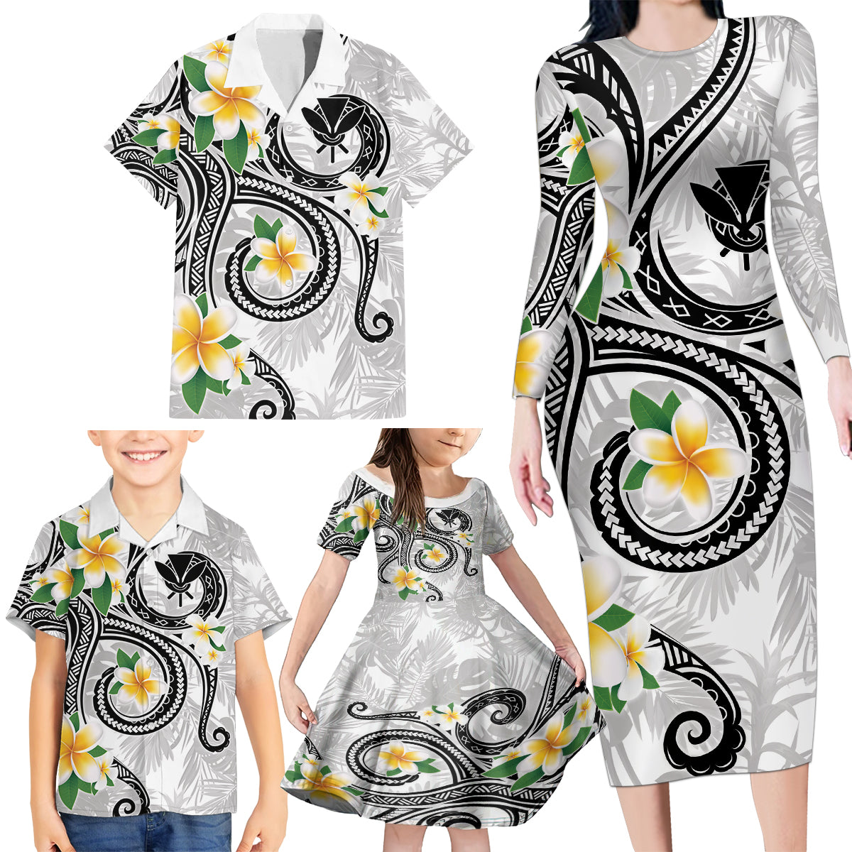 Kanaka Maoli Hawaii Plumeria Family Matching Long Sleeve Bodycon Dress and Hawaiian Shirt Dancing Tentacles White Style