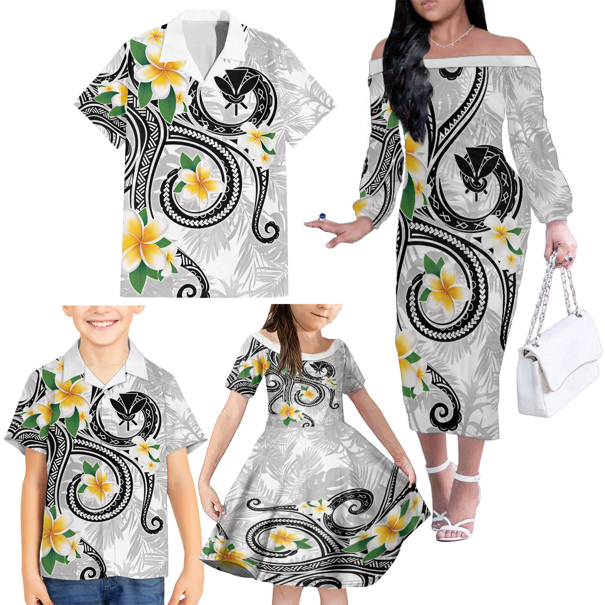 Kanaka Maoli Hawaii Plumeria Family Matching Off The Shoulder Long Sleeve Dress and Hawaiian Shirt Dancing Tentacles White Style