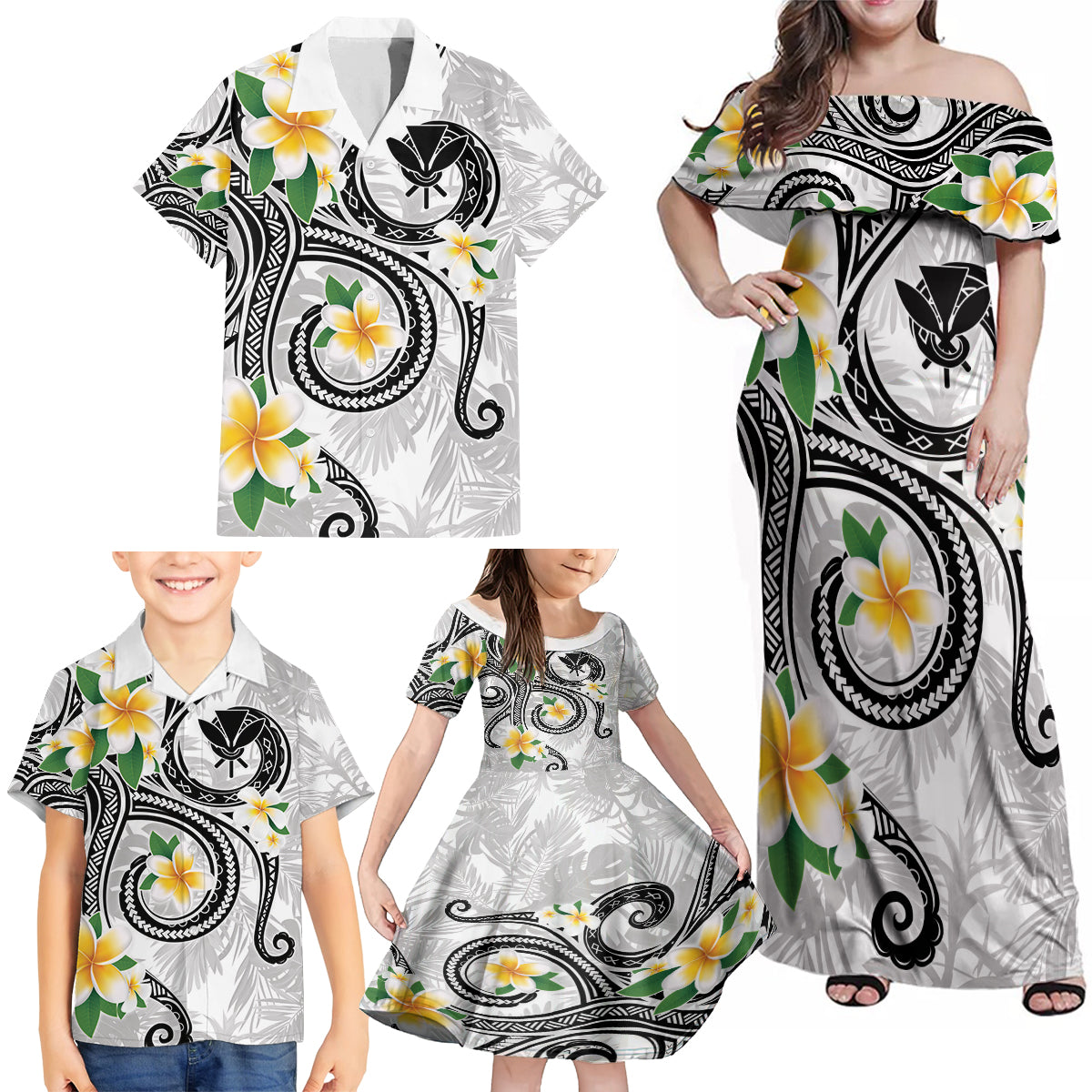 Kanaka Maoli Hawaii Plumeria Family Matching Off Shoulder Maxi Dress and Hawaiian Shirt Dancing Tentacles White Style