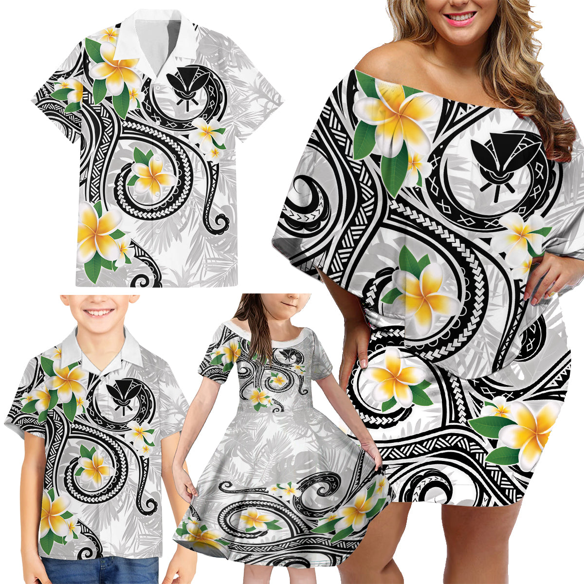 Kanaka Maoli Hawaii Plumeria Family Matching Off Shoulder Short Dress and Hawaiian Shirt Dancing Tentacles White Style