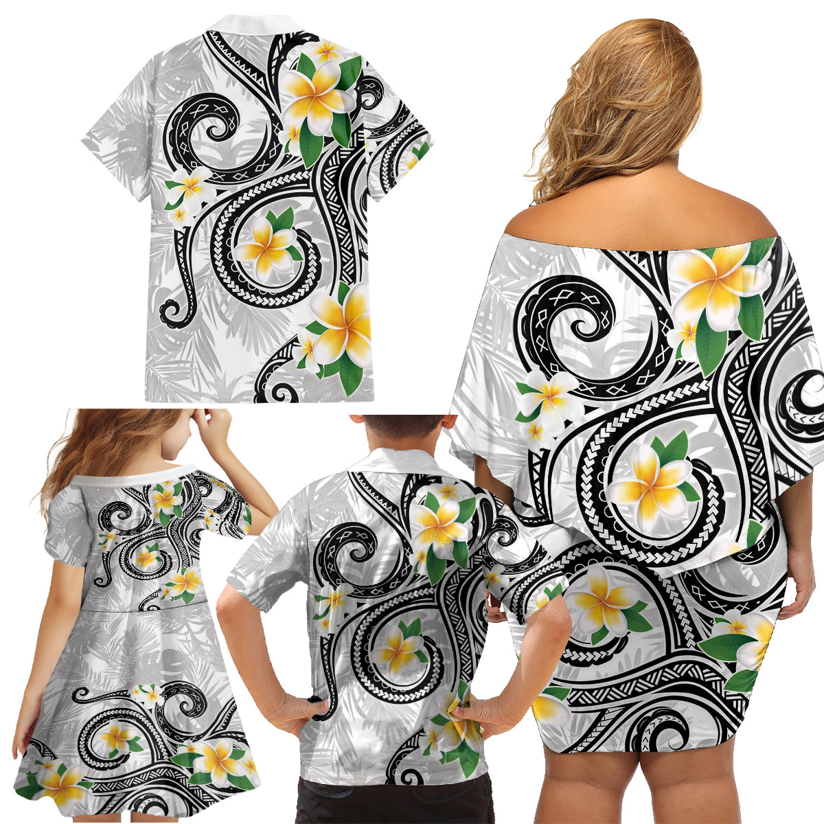 Kanaka Maoli Hawaii Plumeria Family Matching Off Shoulder Short Dress and Hawaiian Shirt Dancing Tentacles White Style