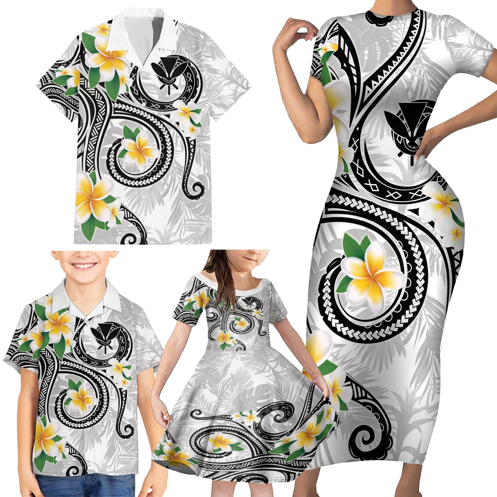 Kanaka Maoli Hawaii Plumeria Family Matching Short Sleeve Bodycon Dress and Hawaiian Shirt Dancing Tentacles White Style