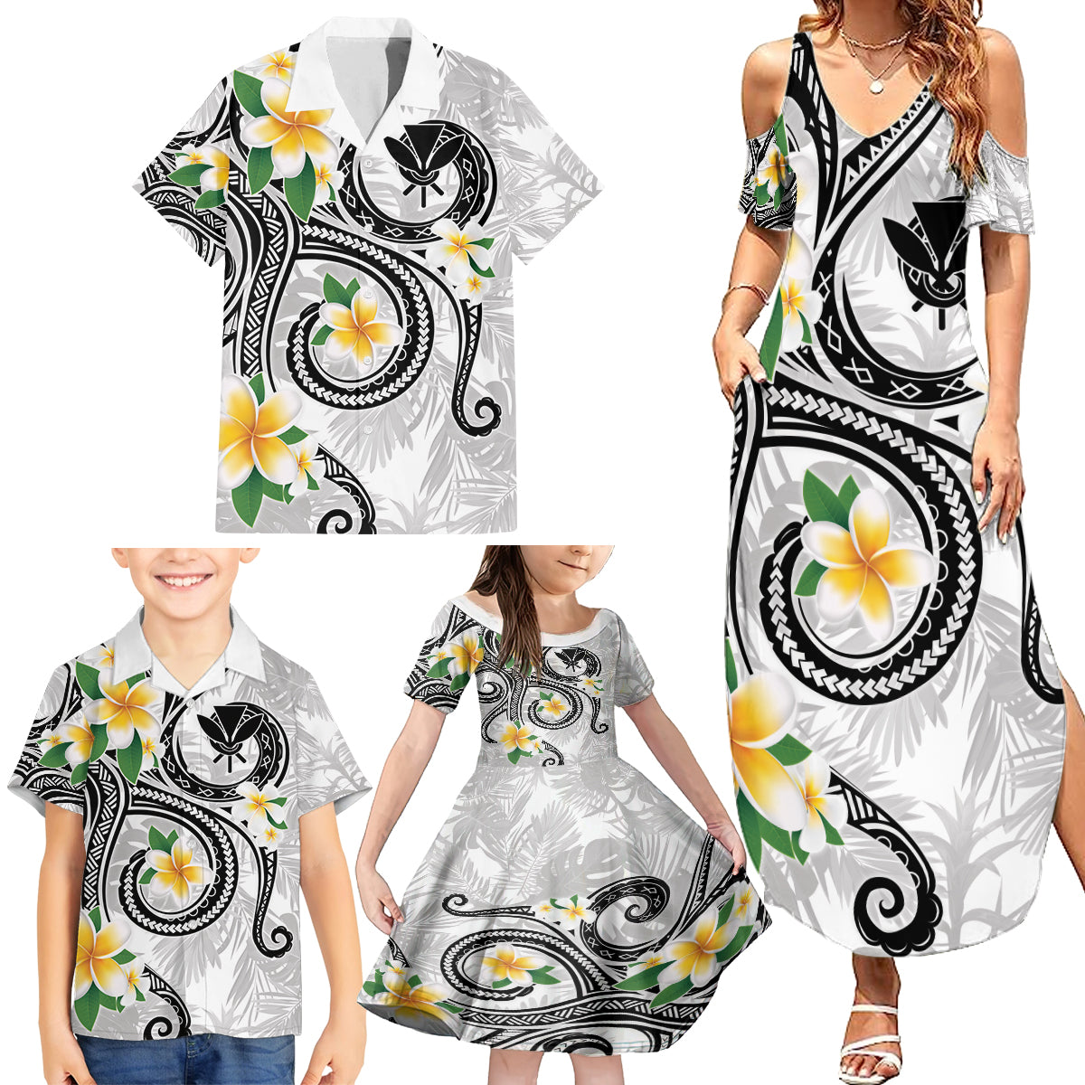 Kanaka Maoli Hawaii Plumeria Family Matching Summer Maxi Dress and Hawaiian Shirt Dancing Tentacles White Style