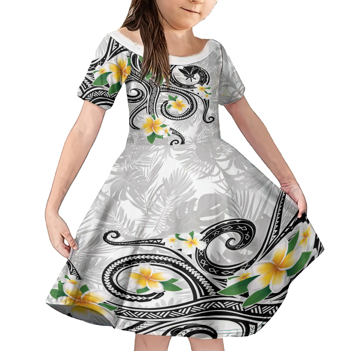 Kanaka Maoli Hawaii Plumeria Kid Short Sleeve Dress Dancing Tentacles White Style